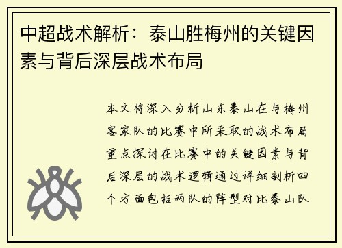 中超战术解析：泰山胜梅州的关键因素与背后深层战术布局